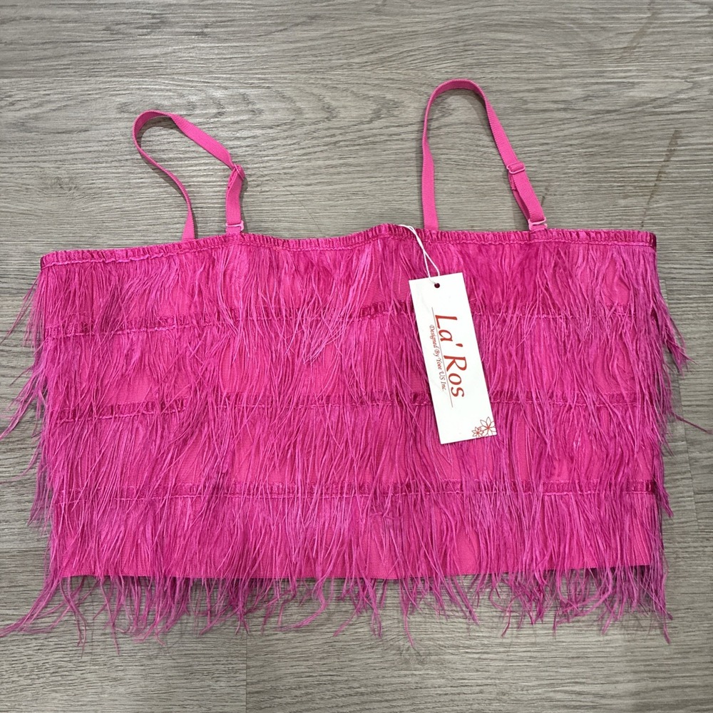 La' Ros Pink Feather Fringed Crop Tube Top | Size L | NWT!